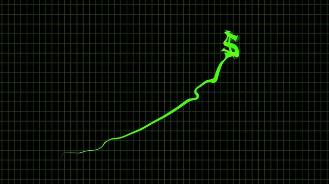Stock market graph shows a bright green line climbing steadily upward to indicate growth and financial prosperity while resting on a dark grid background to represent professional economic data.