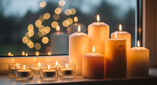 A collection of lit candles of various sizes and shapes arranged on a windowsill with bokeh lights in the background.