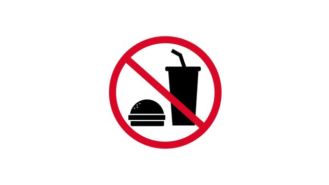 Food and drink animation with flashing red prohibition symbol, no eating, transparent background 4k video