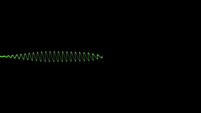 Oscilloscope waveform oscillates in a continuous horizontal motion across a dark screen, displaying a simple rhythmic signal pattern as a glowing green line that captures electronic data frequencies.