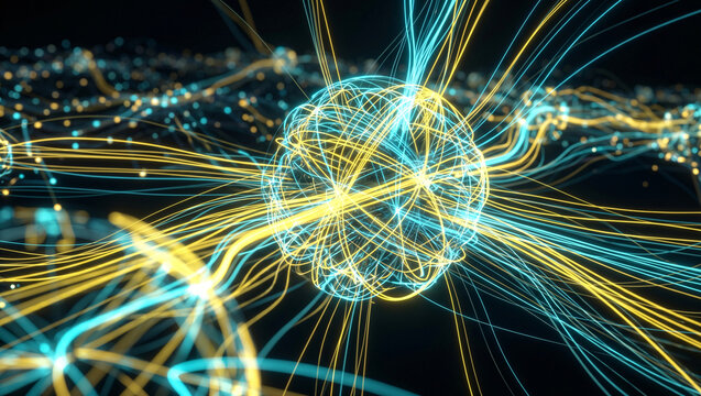 Glowing abstract digital energy core with radiating blue and yellow fiber optic lines
