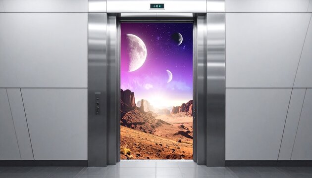 開いたエレベーターのドアの先に未知の惑星が広がるシュールな風景
