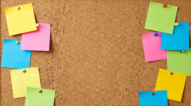 Many colorful sticky notes pinned randomly on a cork board