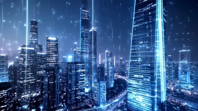 futuristic city featuring digital mesh overlays on buildings and holographic data projections floating in the atmosphere, symbolizing a hyper-connected world.