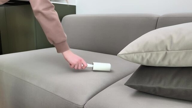 Hand uses lint roller to clean sofa removing hair and dust at home. Person rolls sticky tool over upholstery for surface care indoors.