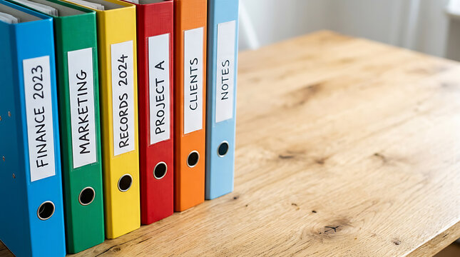 Row of colorful office binders with labels on wooden desk