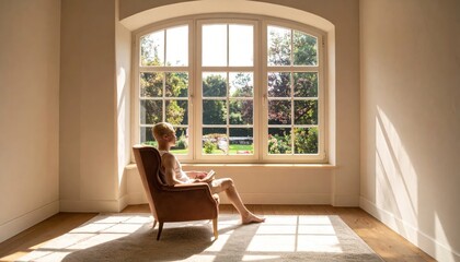 Fototapeta premium Blonde young person sits peacefully in a sun-drenched armchair engrossed in a book by a large arched window overlooking a vibrant green garden.