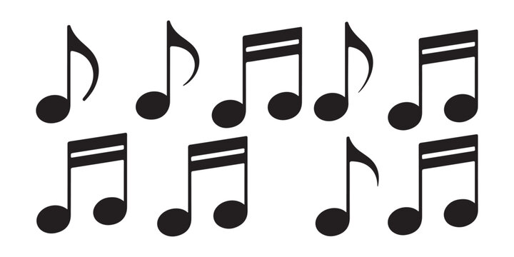 Collection of black musical notes and rests isolated on transparent background for music projects.
