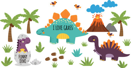 Cute Dinosaur Cartoon Scene Featuring Stegosaurus Volcano Palm Trees and Prehistoric Elements for Kids Illustration and Fun Jurassic Design. © MstSuborna