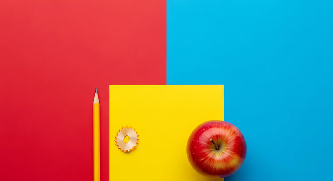 Minimalist school concept with pencil and apple on geometric background
