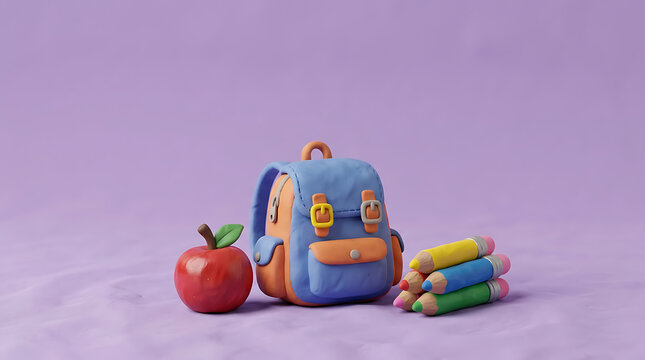 3D clay model of blue backpack apple and pencils on purple