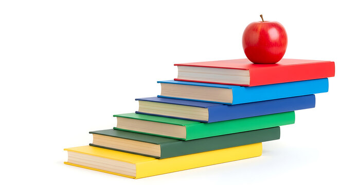 Staircase made of colorful books with red apple on top