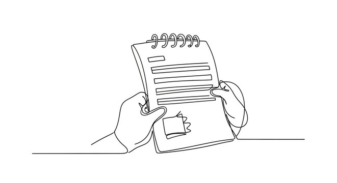 Hands holding open notebook with text and sticky note, continuous line drawing