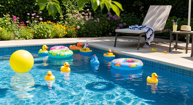 Rubber ducks in swimming pool with inflatables.