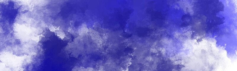 Fototapeta premium Deep blue watercolor paint splatters and textured clouds on a white background with ample negative space for creative design applications