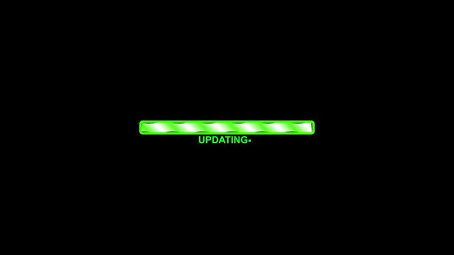 Progress bar glowing in a bright green hue displays the word updating against a solid black background to indicate that a digital software system process is currently moving toward its final.