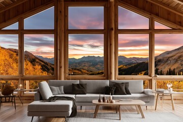 Fototapeta premium Mountain View From a Cozy Cabin During Sunset in Autumn Months