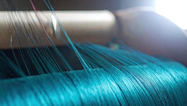Close-up of vibrant teal threads being processed on a textile machine showcasing the intricate detail of the weaving or spooling process with shallow depth of field.
