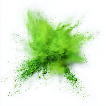 Explodierendes gr&uuml;nes Farbpulver &ndash; Farbexplosion, Holi Farbe, dynamische Partikel, abstrakt, Energie, Design, kreativer Hintergrund, isoliert, Copyspace, freigestellt