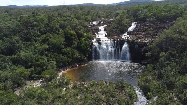 Aerial image of the Po&ccedil;o Encantado Waterfall, Chapada dos Veadeiros &ndash; Brazil