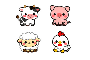 Fototapeta premium Set of four cute cartoon farm animal stickers featuring a kawaii cow, pig, sheep, and chicken. Adorable chibi livestock illustrations with white borders for scrapbooking, nursery decor, and kids.