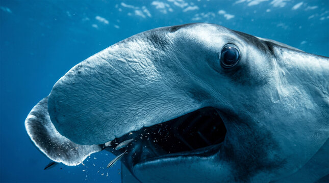 An extreme macro photograph focusing on one of the Manta Ray&rsquo;s "horns" (cephalic fins) as it unfurls to funnel plankton into its mouth. The shot highlights the leathery, sandpaper-like texture of the 