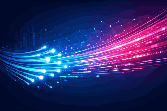 Abstract High Speed Data Flow Background with Glowing Fiber Optic Cables and Digital Connectivity Network Trails for Advanced Tech Startup, Telecommunications, and Futuristic Internet Infrastructure