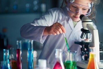 Fototapeta premium Young Scientist Conducts an Experiment With Colorful Liquids and a Microscope in a Classroom Setting