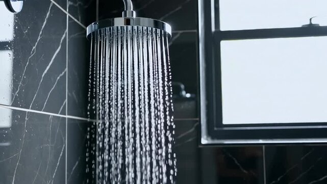 High-contrast modern shower with water cascading down, reflecting light in a tiled bathroom space