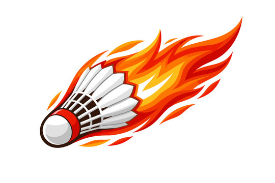 Dynamic Vector Illustration of a Fiery Badminton Shuttlecock with Intense Orange and Yellow Flames Representing Speed Power and Competitive Spirit in Sports Graphic Design Element on White