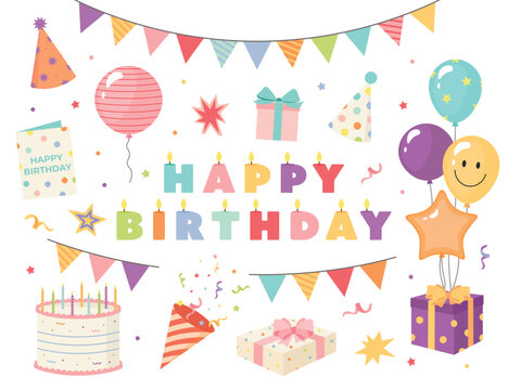 Happy Birthday party celebration vector illustration with cake, gifts, balloons and festive decorations.
