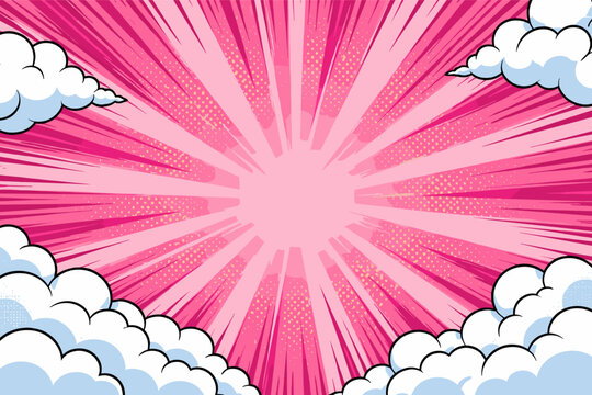 Retro Comic Book Style Background with Pink Burst and Clouds. Simple Flat Vector Illustration for Posters, Banners, and Social Media. Pop Art Design with Radial Lines and Halftone Dots.