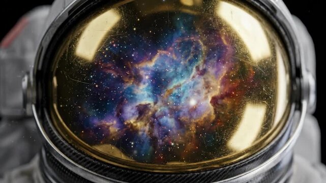 Astronaut helmet visor displaying swirling nebula. Cosmic space scene reflected in glass. Futuristic exploration of interstellar universe and galactic wonders.