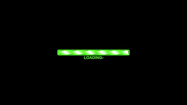 Loading bar glows with a vibrant green neon light against a deep black background while the simple text indicator sits centered underneath to show that the system is currently processing data.