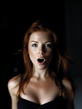 &Uuml;berraschte Frau mit offenem Mund &ndash; starke Emotion, Schock, Staunen, Ausdruck, Portr&auml;t, Beauty, intensiver Blick, Studio, Copyspace, isoliert, freigestellt