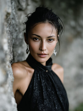 Elegantes Portr&auml;t einer Frau im schwarzen Kleid &ndash; nat&uuml;rlicher Look, intensiver Blick, Beauty, Mode, Outdoor, Felswand, &Auml;sthetik, Lifestyle, Copyspace, isoliert