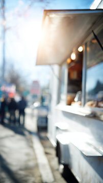 Unscharfer Streetfood Foodtruck &ndash; verschwommene Szene mit Bokeh, urbaner Lifestyle, Snackverkauf, Stra&szlig;e, Bewegung, Licht, abstrakt, moderner Hintergrund, Copyspace