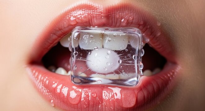 Sensual macro shot of glossy lips holding ice cube with pearl candy, refreshing beauty and desire concept on pink background for bold modern advertising
