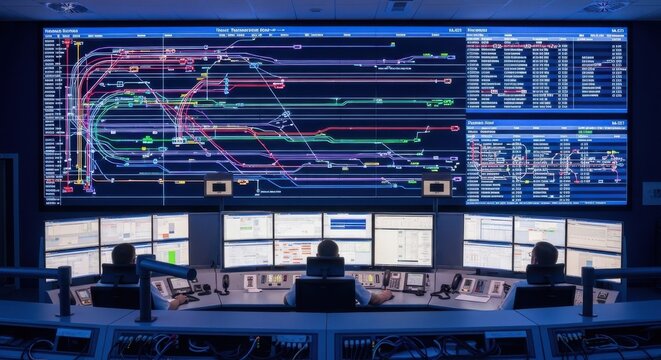 Rail Transportation Control Center Displays Complex Track Status and Traffic Management Data