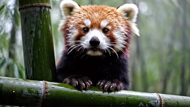 Adorable red panda peering curiously from a bamboo stalk amidst a misty forest setting