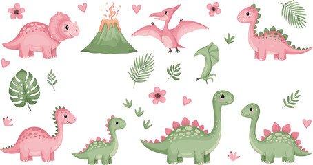 Cute Dinosaur Collection Featuring Pink and Green Dinos Volcano and Prehistoric Elements for Kids Illustration Design. © MstSuborna