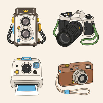 Vintage and Modern Camera Collection Set with Twin Lens Reflex Digital SLR Instant Film and Compact Film Cameras Photography Equipment Vector Icons