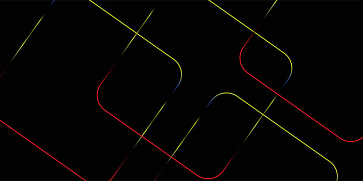 Abstract Black Background with Neon Glowing Geometric Rounded Square Lines, Futuristic Tech Vector Illustration