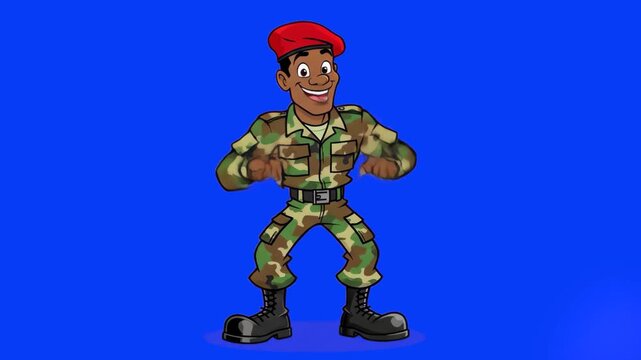 A vibrant 2D animation of a Black soldier character in camouflage uniform and a red beret. The character is performing an energetic dance move against a blue background. This asset is fully optimized 