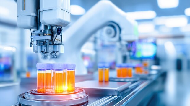 A robotic arm interacts with glowing test tubes in a high-tech lab environment, showcasing automation