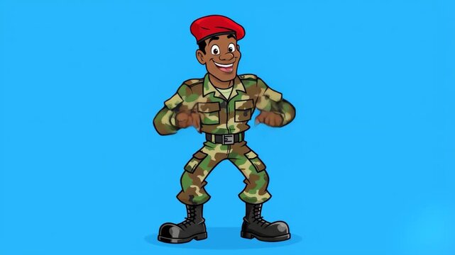 A friendly 2D cartoon soldier wearing a green camouflage uniform and a red beret stands in a confident pose. Set against a plain blue background, this character is perfect for recruitment-themed conte