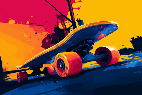 Poster style of skateboard with vibrant color.