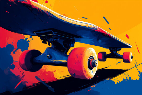 Poster style of skateboard with vibrant color.