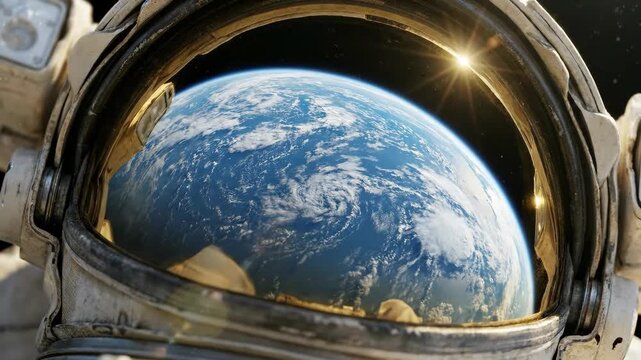 Astronaut helmet visor revealing Earth from space with sunlight reflection. Planetary view emerging through curved glass. Cosmic exploration and solar system discovery concept.
