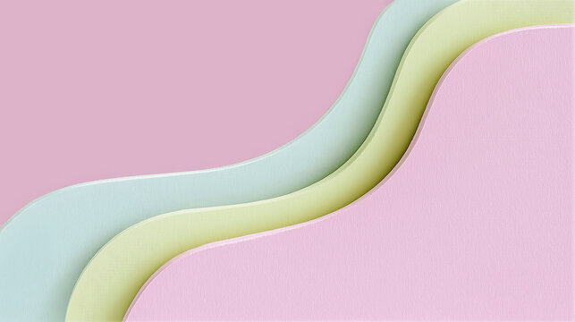 A minimalist business card design with a pastel color scheme. Three curved layers - a light blue, pastel green and soft pink - arranged in an overlapping wave-like pattern. Space for text. 